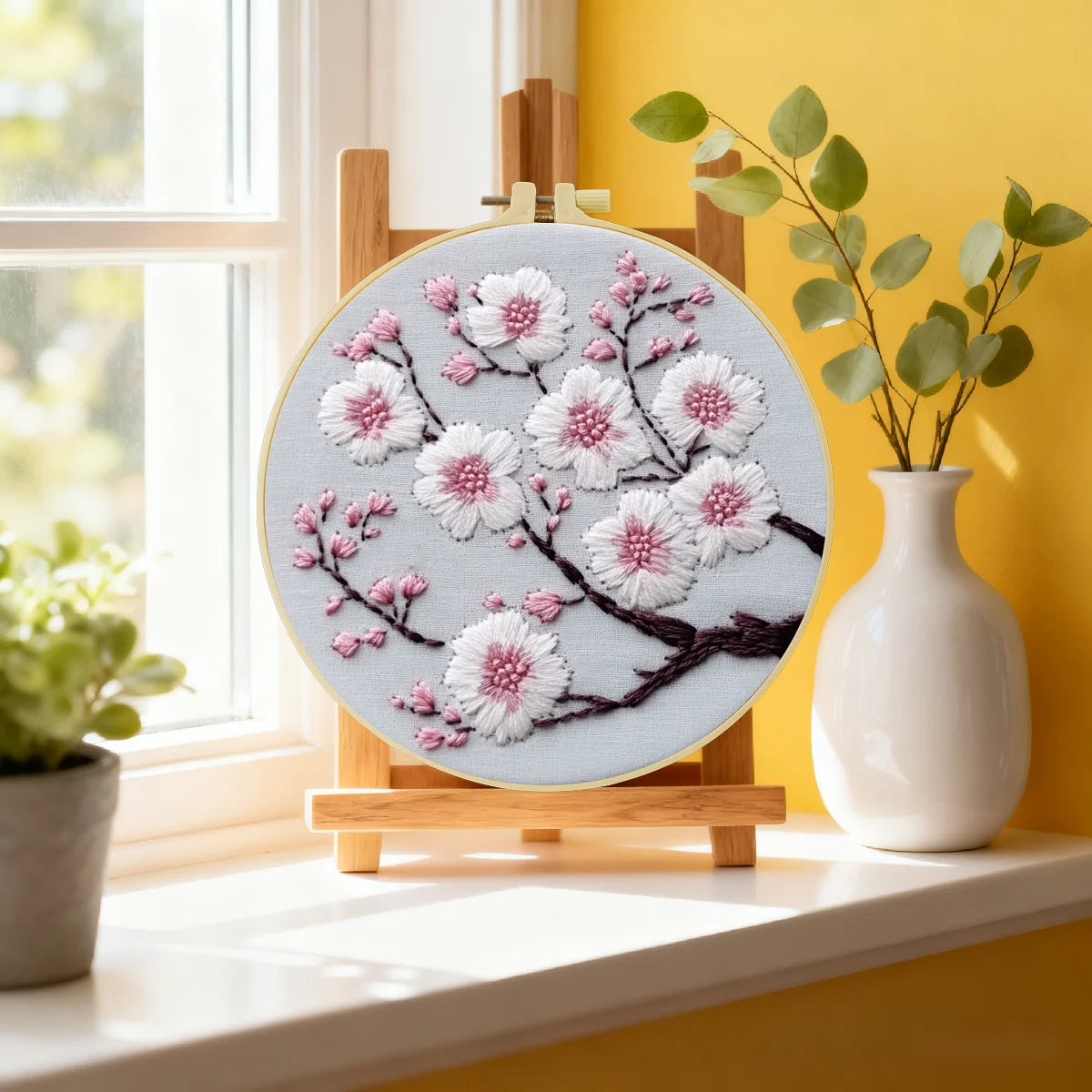 Handmade Cherry Blossom Embroidery Hoop Wall Art – Delicate Floral Branch Cottage Decor