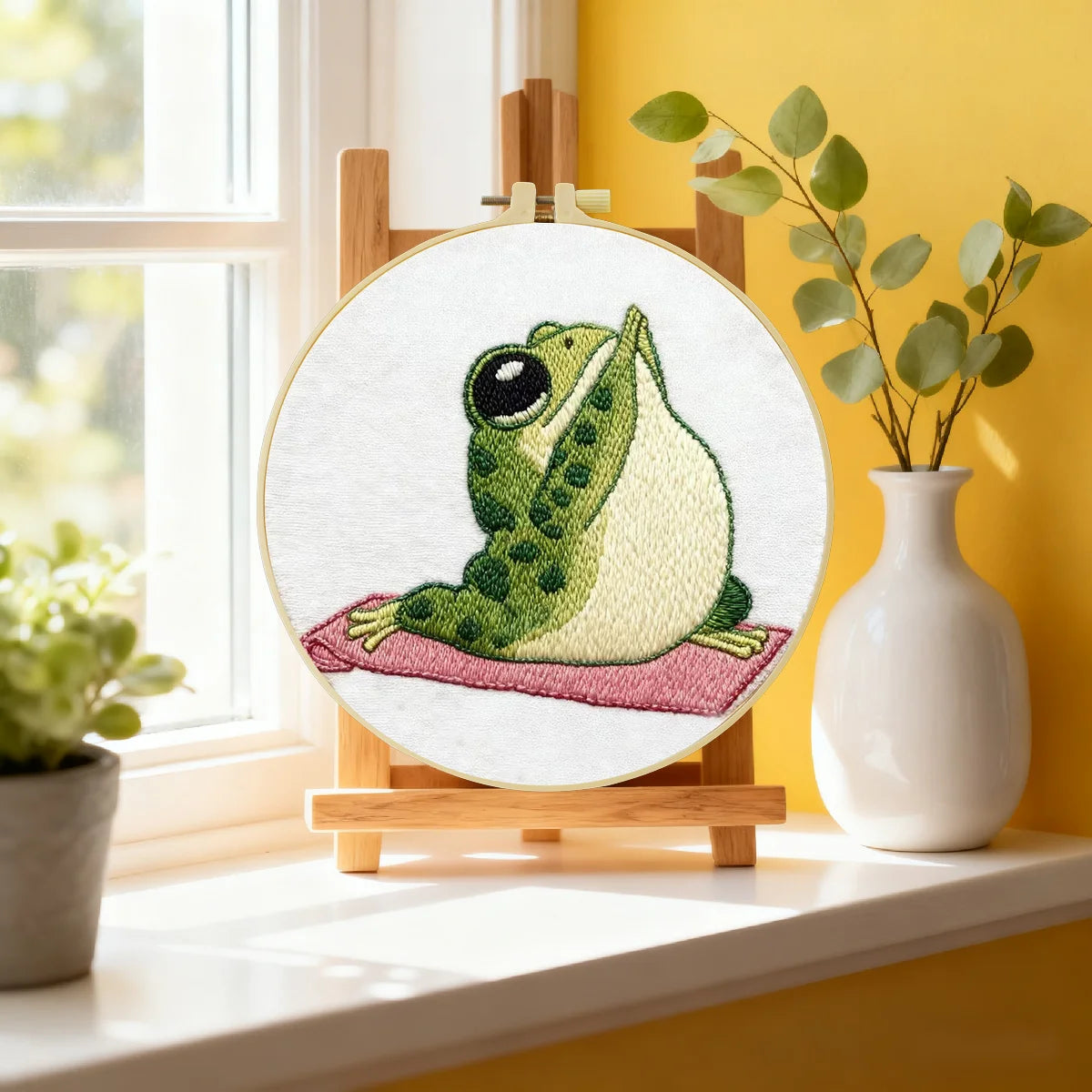 Cute Frog Yoga Embroidery Kit – Kawaii Meditating Frog Needlepoint Pattern with Cozy Cottagecore & Mindfulness Aesthetic