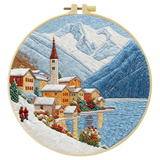 Snowy Mountain Village Embroidery Kit – Winter Alpine Landscape DIY Sewing Craft, Scenic Lake Hoop Wall Art
