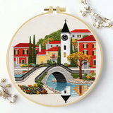 European Village Bridge Embroidery Kit – Scenic Canal Town DIY Needlepoint Hoop Art Cozy Landscape Decor Craft Gift for Adults