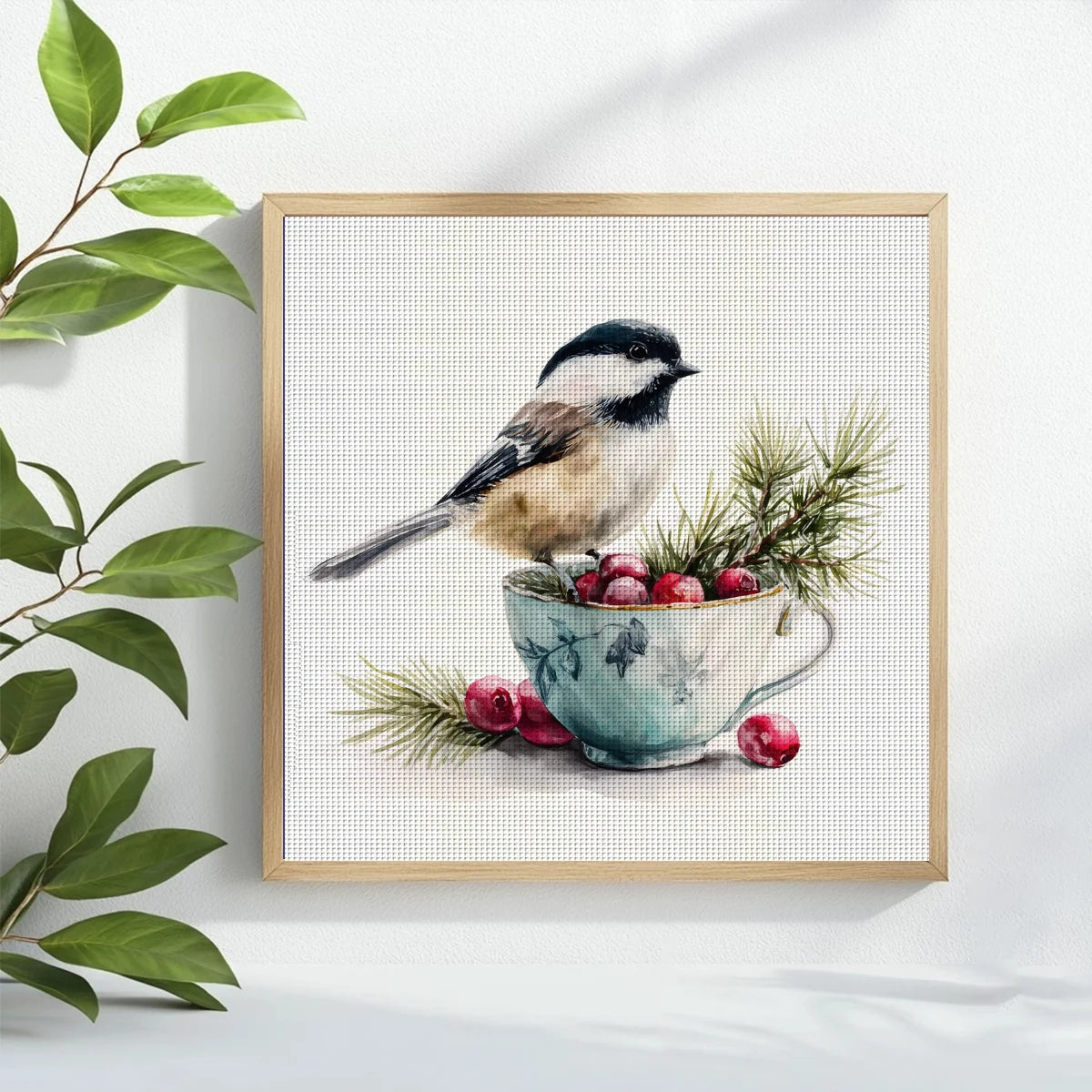Chickadee & Cranberries Teacup Cross Stitch Kit 🐦🍒☕🌲✨