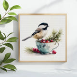 Chickadee & Cranberries Teacup Cross Stitch Kit 🐦🍒☕🌲✨
