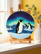 Penguin Aurora Embroidery Kit – Northern Lights Antarctic Scene Needlepoint Pattern with Penguins & Starry Winter Sky
