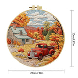 Autumn Farmhouse Embroidery Kit – Vintage Red Truck Fall Landscape DIY Sewing Craft, Rustic Country Wall Art Decor