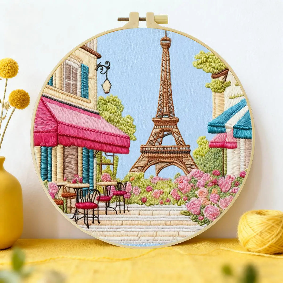 Paris Eiffel Tower Punch Needle Wall Art – Handmade Embroidery Hoop Decor for Nursery & Cozy Rooms
