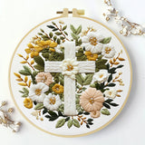 Floral Cross Embroidery Kit – Christian Needlepoint Pattern with Elegant White Flowers & Faith Inspired Wall Decor