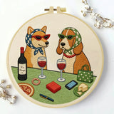 Wine & Whiskers Embroidery Kit – Stylish Dog Friends DIY Hand Embroidery Set 🍷🐶✨ Kits For Stitchers