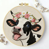 Cute Cow Embroidery Kit for Beginners – DIY Floral Farm Animal Hand Embroidery Hoop Set