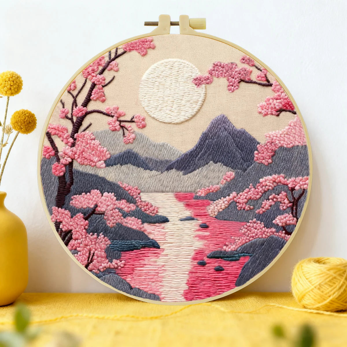 Handmade Cherry Blossom Landscape Embroidery Hoop Wall Art – Serene Mountain River Decor