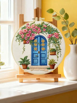 Blue Door Floral Embroidery Kit – DIY Cottage Garden Hoop Art for Beginners & Craft Lovers