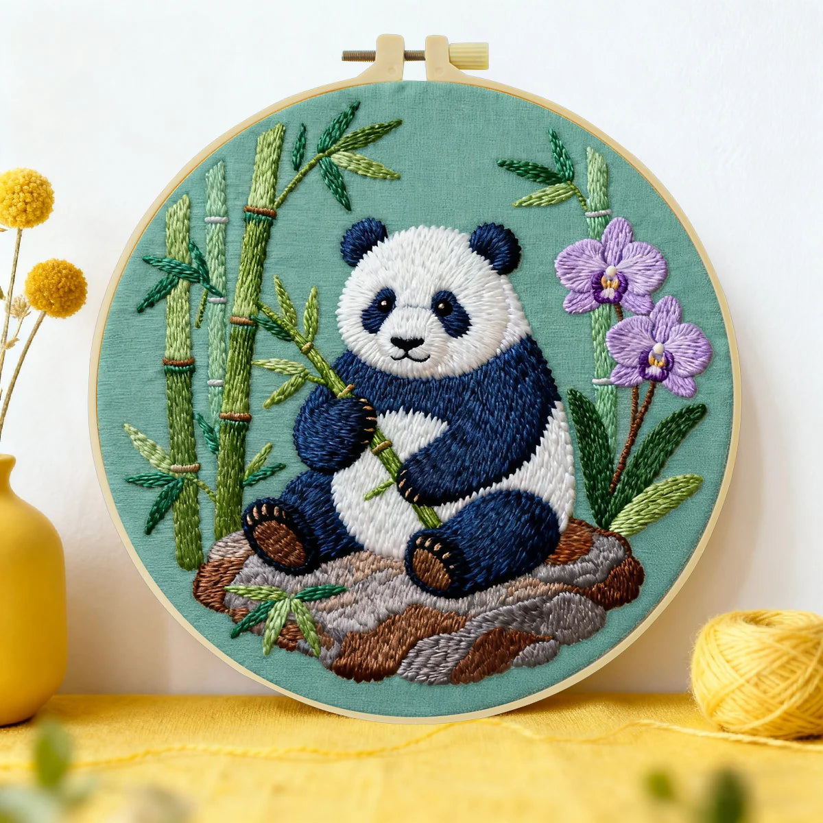 Handmade Panda Embroidery Hoop Wall Art – Cute Bamboo Nursery Animal Fiber Decor