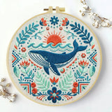 Folk Art Whale & Ocean Floral Embroidery Kit Kits For Stitchers