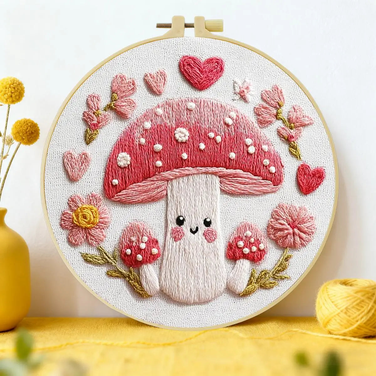 Cute Pink Mushroom Embroidery Kit – Kawaii Cottagecore DIY Hand Embroidery Hoop Art Set