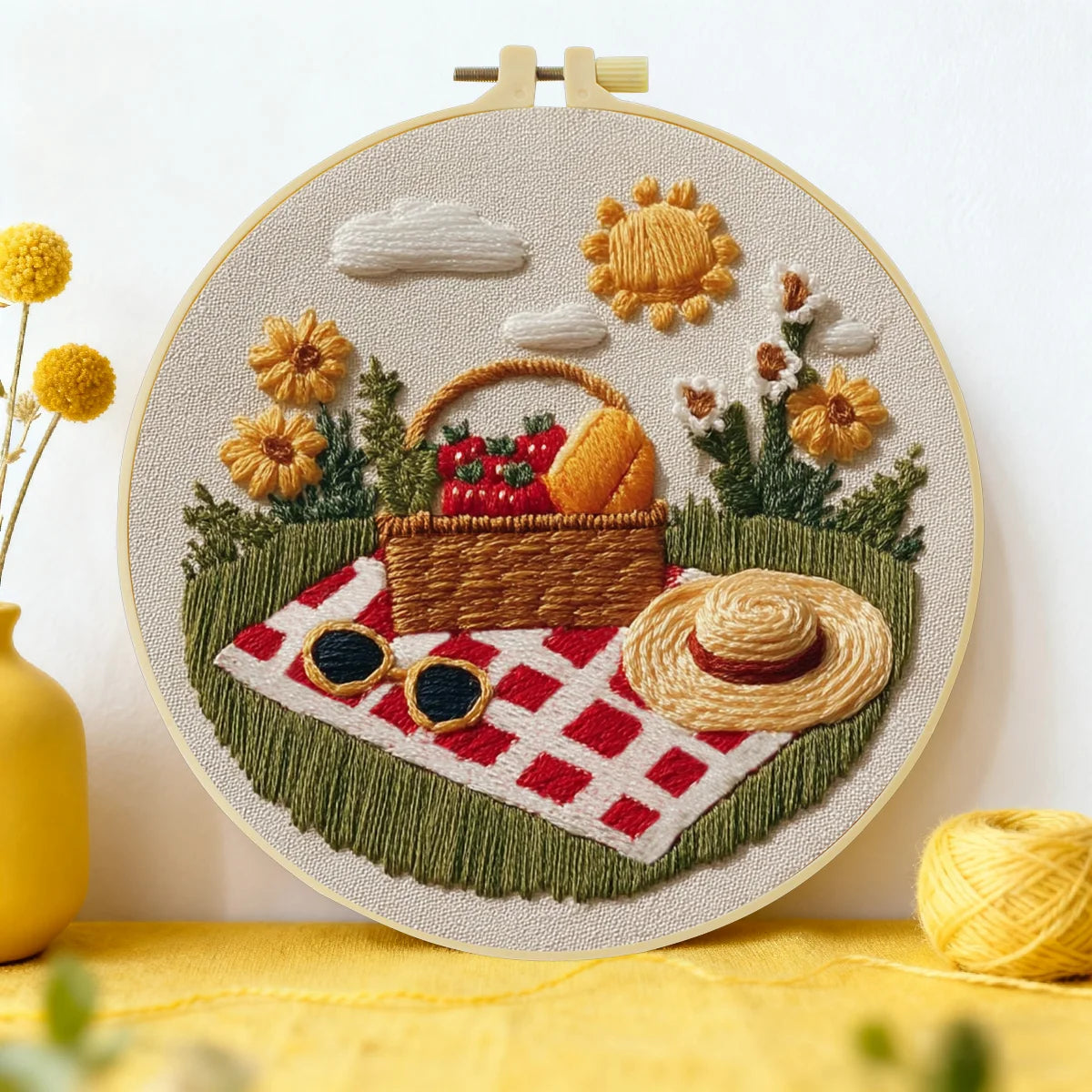 Handmade Summer Picnic Embroidery Hoop Wall Art – Floral Basket & Strawberry Cottagecore Decor