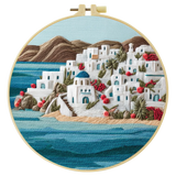 Santorini Coastal Village Embroidery Kit – Greek Island Seascape DIY Needlepoint Hoop Art Mediterranean Home Decor Craft Gift