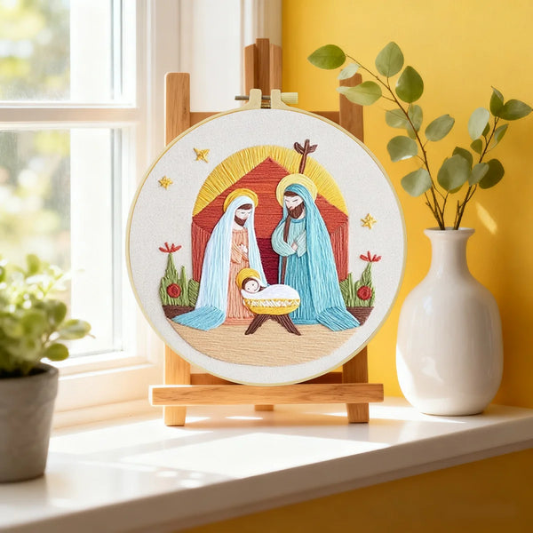 Nativity Scene Embroidery DIY Kit – Christmas Religious Beginner Stitching Kit with Hoop, Pattern & Threads