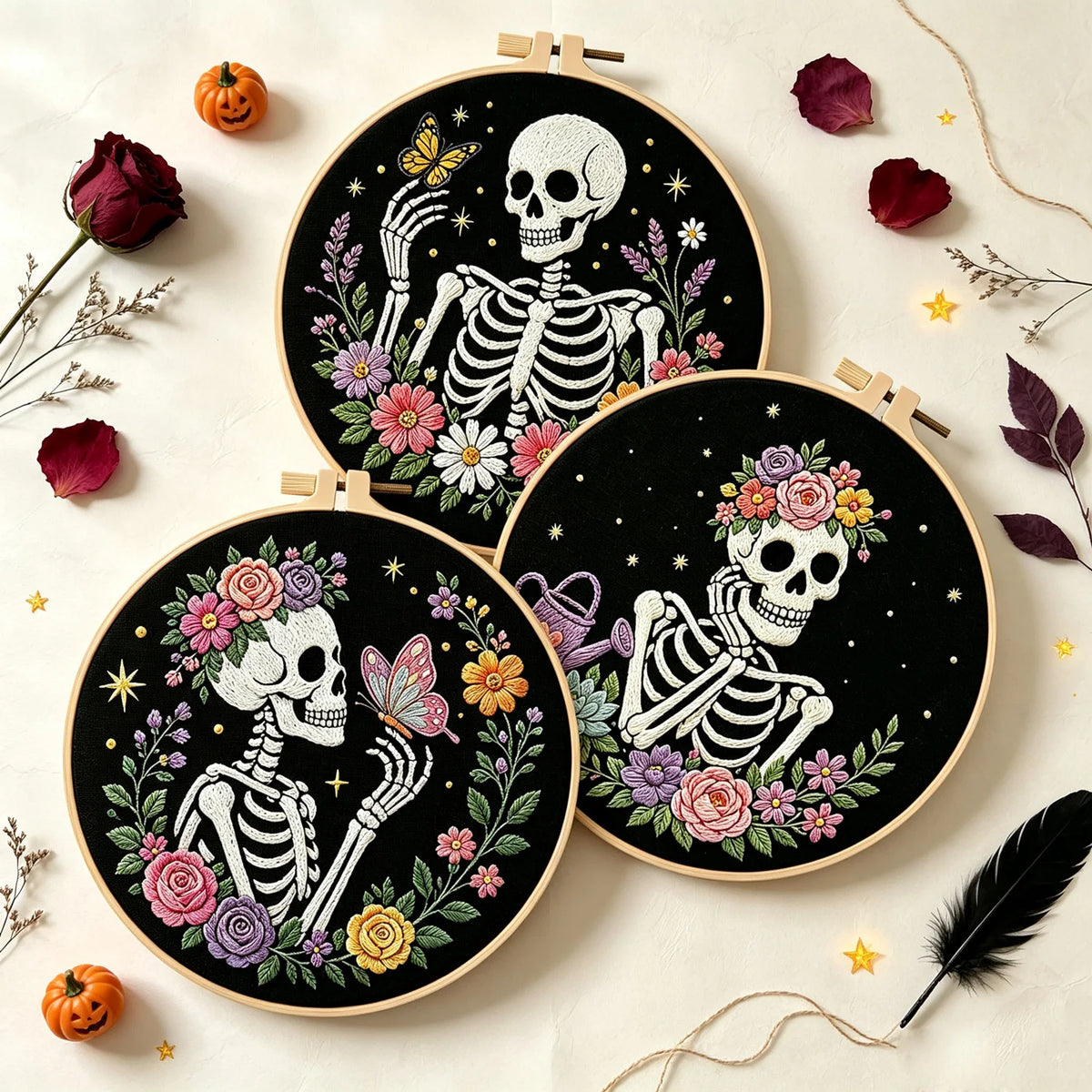 Floral Skeleton Embroidery Kit – Set of 3