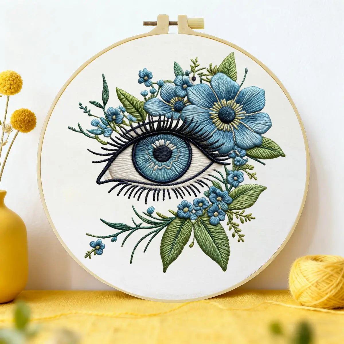 Blue Evil Eye Embroidery Kit for Beginners – DIY Floral Hand Embroidery Hoop Set