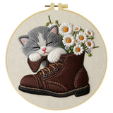 Sleeping Kitten Embroidery Kit for Beginners – DIY Floral Cat Hand Embroidery Hoop Set