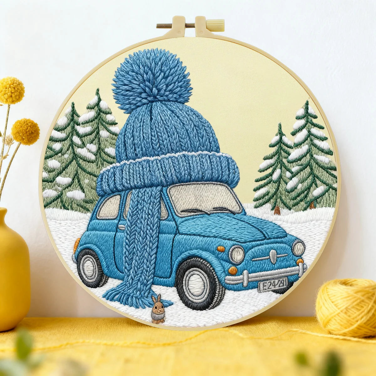 Winter Car Embroidery Starter Kit – DIY Cute Snowy Scene Sewing Art Set for Beginners