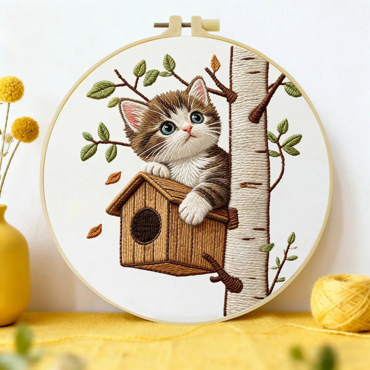 Cute Kitten Embroidery Kit for Beginners – DIY Cat Hand Embroidery Hoop Set