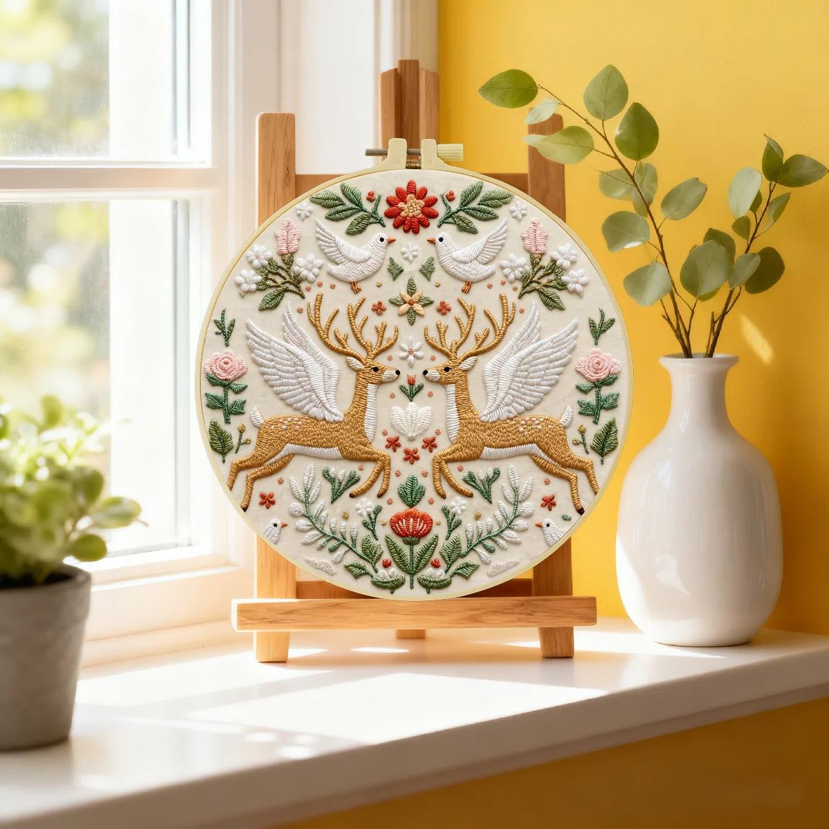 Folk Art Deer Embroidery DIY Kit – Scandinavian Animal Beginner Stitching Kit with Hoop, Pattern & Threads