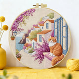 Mediterranean Cat Village Embroidery Kit – Scenic Coastal DIY Hand Embroidery Hoop Art Set