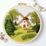 Countryside Windmill Embroidery Kit – Peaceful Green Landscape DIY Hand Embroidery Set Kits For Stitchers