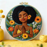 Black Woman Floral Embroidery Kit for Adults – Afro Beauty Hand Embroidery Hoop Art DIY Needlepoint Craft Gift for Her