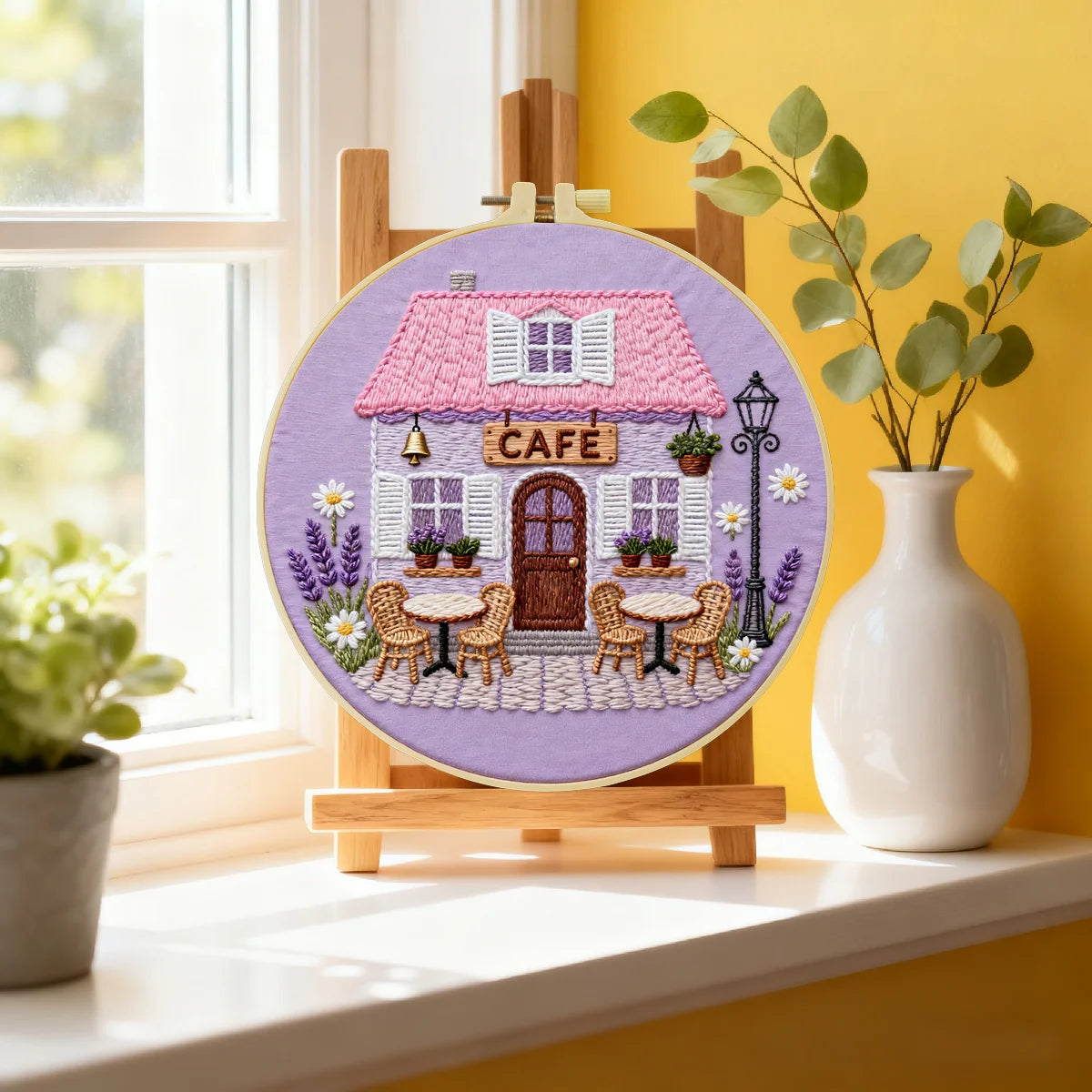 Charming Cafe House Embroidery Starter Kit – DIY Floral Cottage Sewing Art Set for Beginners