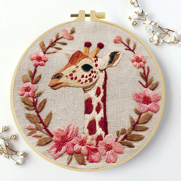 Giraffe Embroidery DIY Kit – Floral Animal Beginner Stitching Kit with Hoop, Pattern & Threads