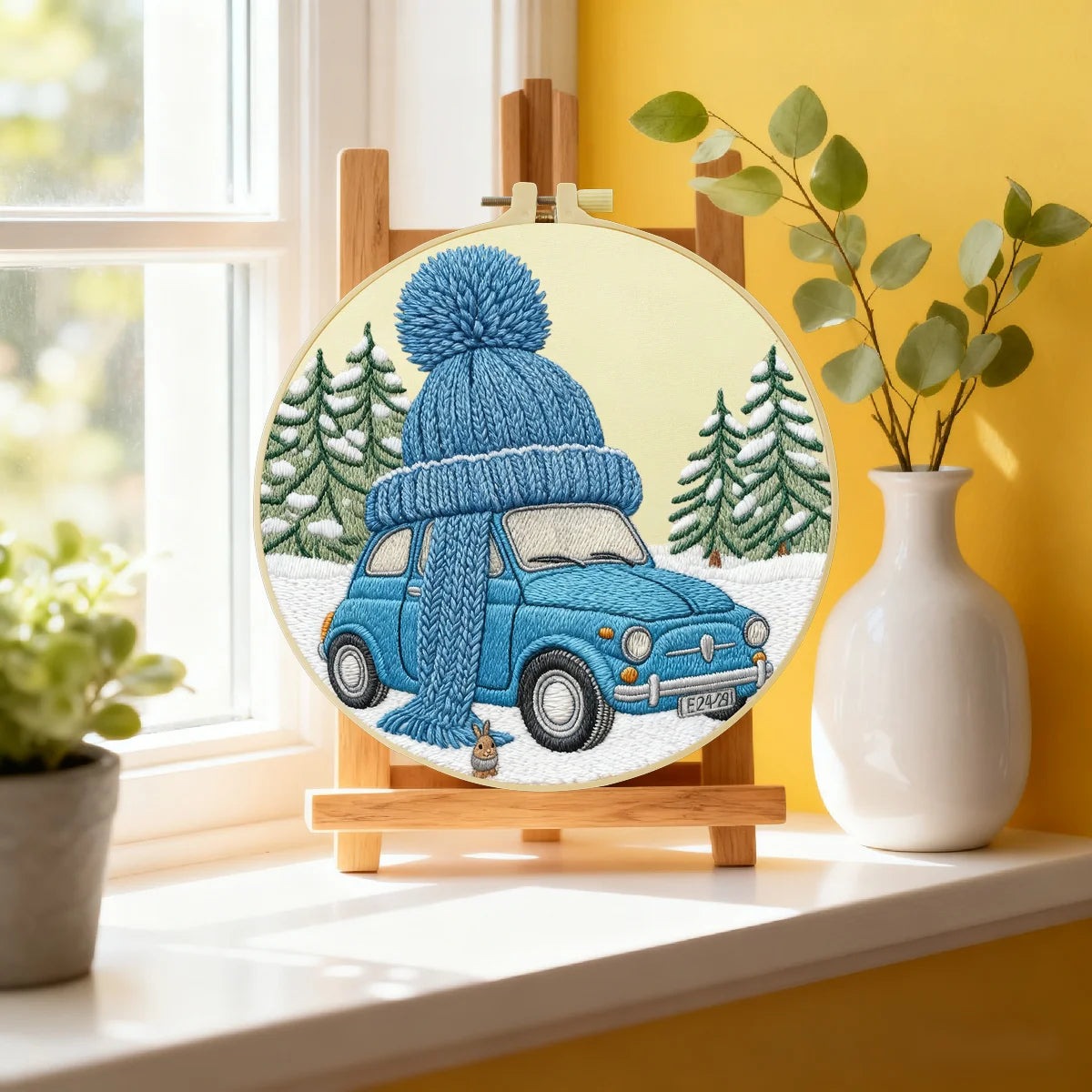 Winter Car Embroidery Starter Kit – DIY Cute Snowy Scene Sewing Art Set for Beginners