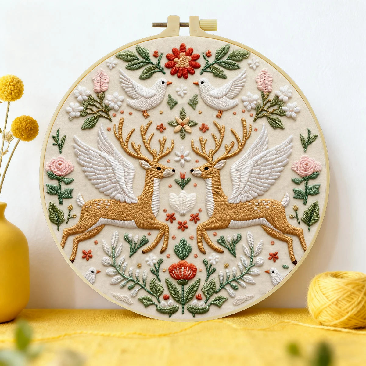 Folk Art Deer Embroidery DIY Kit – Scandinavian Animal Beginner Stitching Kit with Hoop, Pattern & Threads