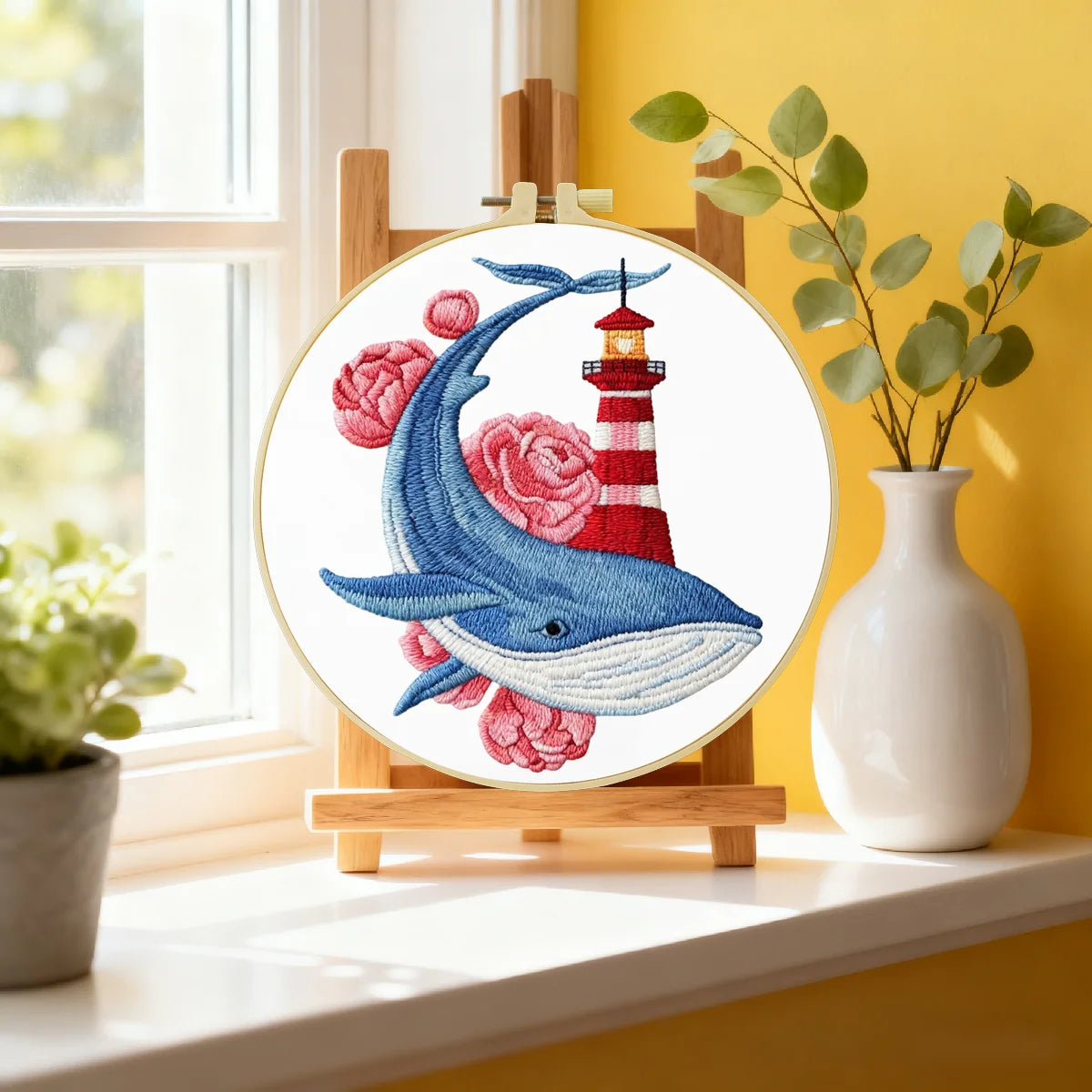 Whale & Lighthouse Embroidery DIY Kit – Nautical Ocean Animal Hand Stitching Craft with Hoop & Threads
