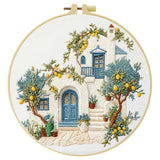Mediterranean Lemon House Embroidery Kit – DIY Coastal Cottage Hoop Art for Beginners & Craft Lovers