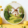 Countryside Windmill Embroidery Kit – Peaceful Green Landscape DIY Hand Embroidery Set Kits For Stitchers