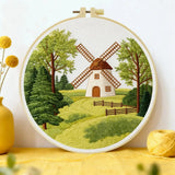 Countryside Windmill Embroidery Kit – Peaceful Green Landscape DIY Hand Embroidery Set Kits For Stitchers