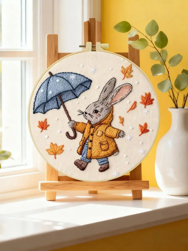 Autumn Bunny with Umbrella Embroidery DIY Kit – Cute Woodland Animal Hand Stitch Craft with Hoop & Threads