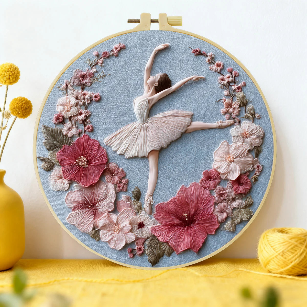 Handmade Ballerina Floral Embroidery Hoop Wall Art – Elegant Ballet Dancer Fiber Decor