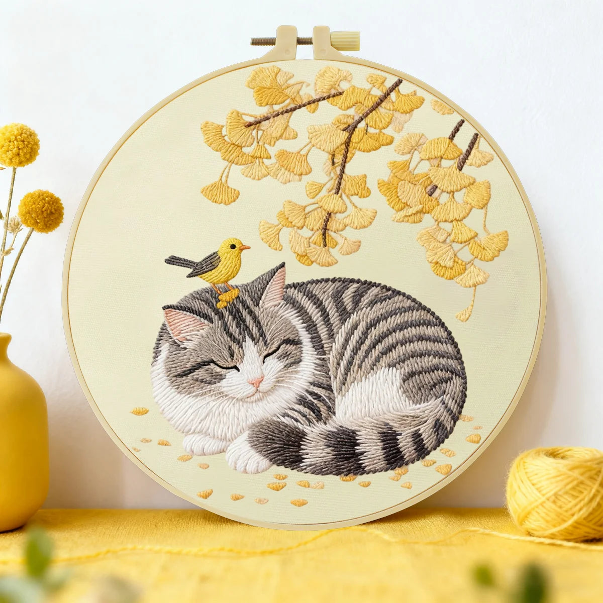 Sleeping Cat with Bird Embroidery Starter Kit – DIY Cute Animal Sewing Art Set for Beginne