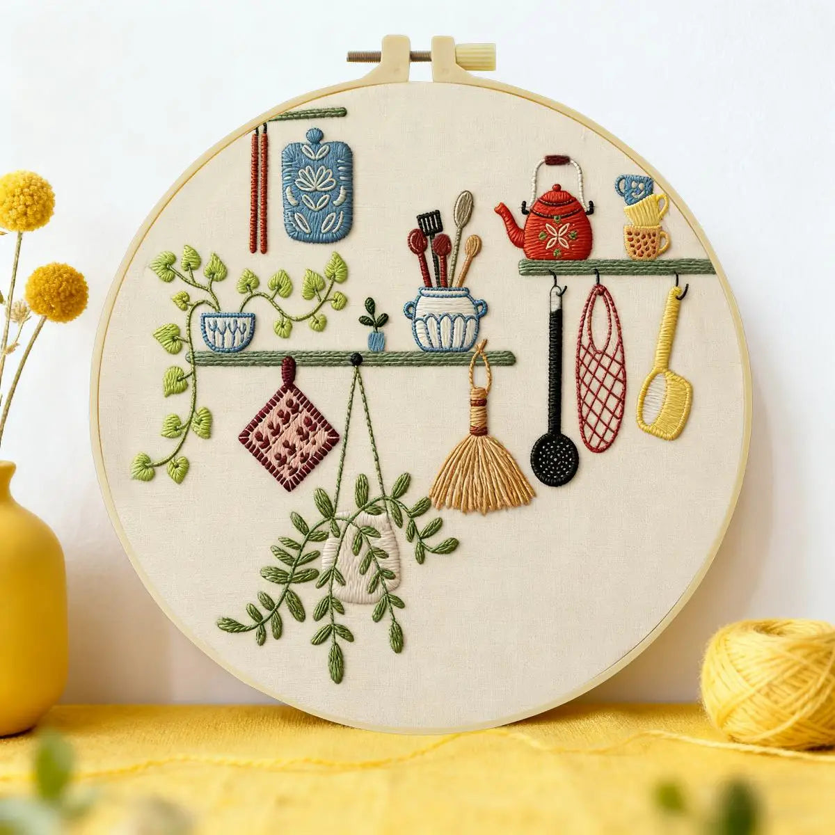Cozy Kitchen Embroidery Kit for Beginners – DIY Cottagecore Hand Embroidery Hoop Set