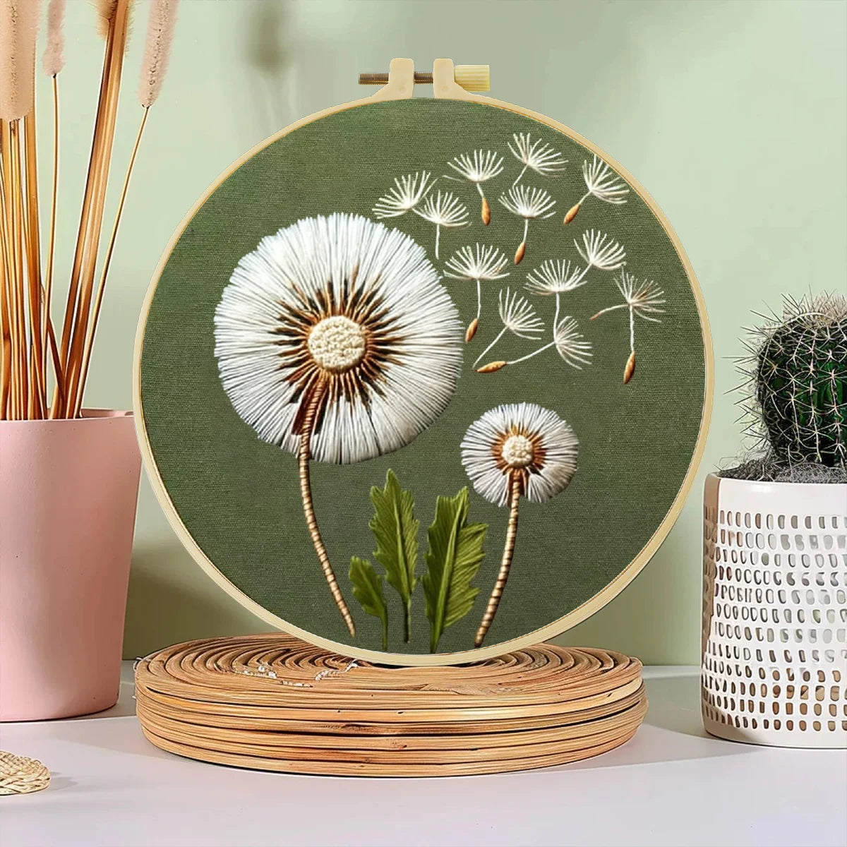 Minimalist Dandelion Embroidery Kit – Botanical Puff Flower DIY Needlepoint Hoop Art Modern Nature Decor Craft Gift for Adults
