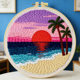Tropical Sunset Beach Punch Needle Wall Art – Handmade Embroidery Hoop Decor for Nursery & Cozy Roo