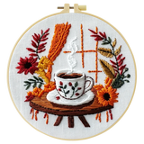 Handmade Cozy Coffee Embroidery Hoop Wall Art – Autumn Floral Rustic Kitchen Decor