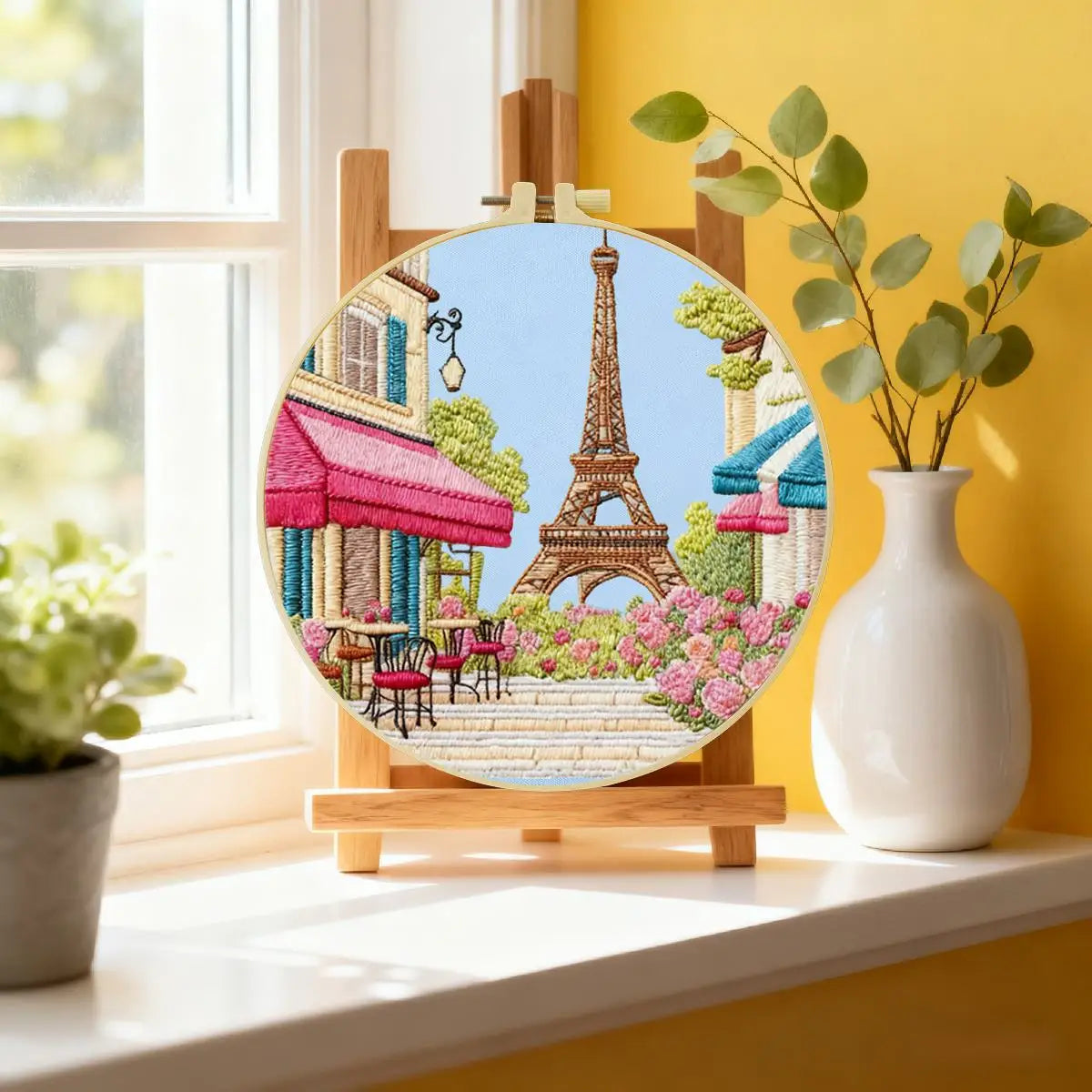 Paris Eiffel Tower Punch Needle Wall Art – Handmade Embroidery Hoop Decor for Nursery & Cozy Rooms