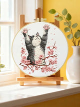 Stretching Cat Embroidery Kit – Cherry Blossom Kitty DIY Hand Embroidery Hoop Art Set