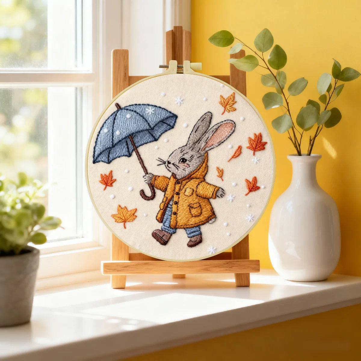 Autumn Bunny with Umbrella Embroidery DIY Kit – Cute Woodland Animal Hand Stitch Craft with Hoop & Threads