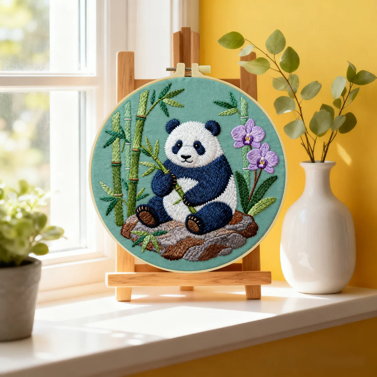 Handmade Panda Embroidery Hoop Wall Art – Cute Bamboo Nursery Animal Fiber Decor