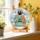 Cat Mom Punch Needle Wall Art – Handmade Embroidery Hoop Decor for Nursery & Cozy Rooms