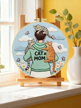 Cat Mom Punch Needle Wall Art – Handmade Embroidery Hoop Decor for Nursery & Cozy Rooms
